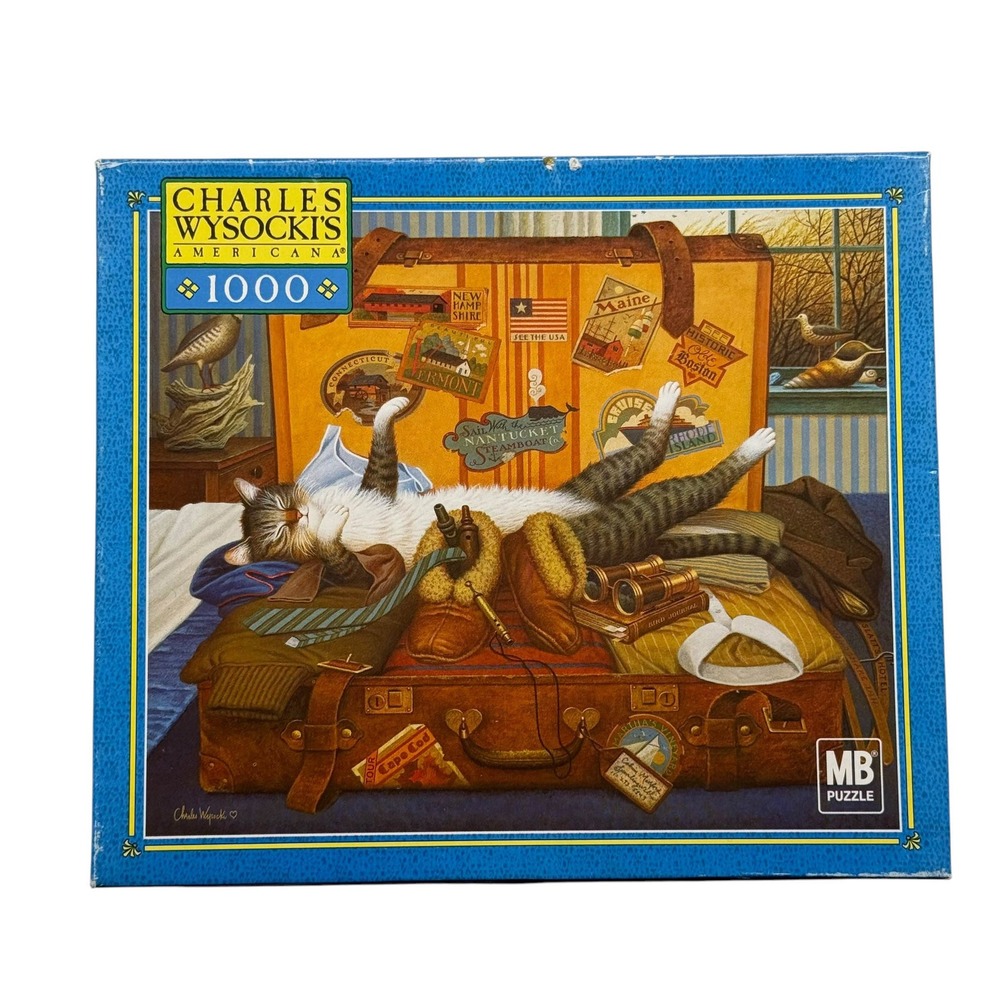 Charles Wysocki 1000 Pc Puzzle Cat on Suitcase MB Puzzle Dark Blue Box UNCOUNTED